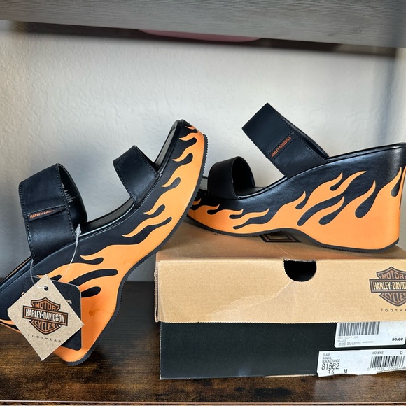 Harley-Davidson Shoes - NWT Y2K Harley Davidson Black and Orange Flame Wedge Sandals